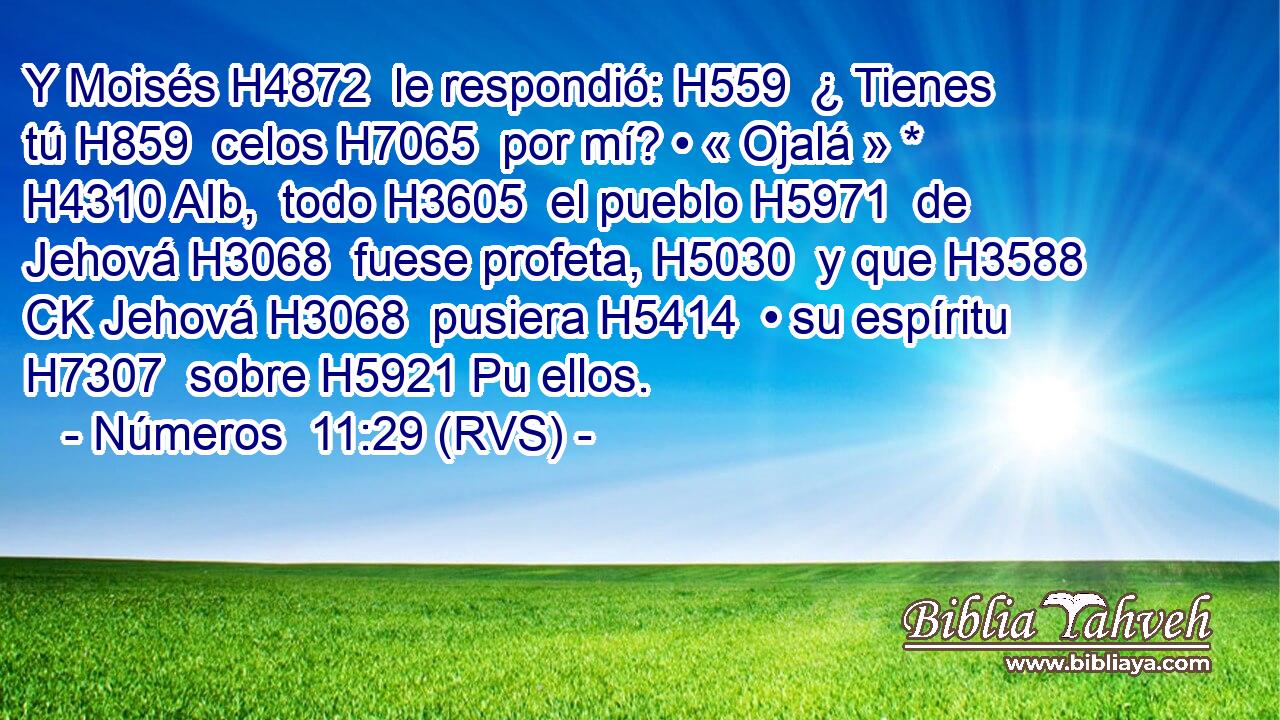 Y Moisés H4872  le respondió: H559  ¿ Tienes tú H859  celos H7065  por mí? • « Ojalá » * H4310 AIb,  todo H3605  el pueblo H5971  de Jehová H3068  fuese profeta, H5030  y que H3588 CK Jehová H3068  pusiera H5414  • su espíritu H7307  sobre H5921 Pu ellos. 