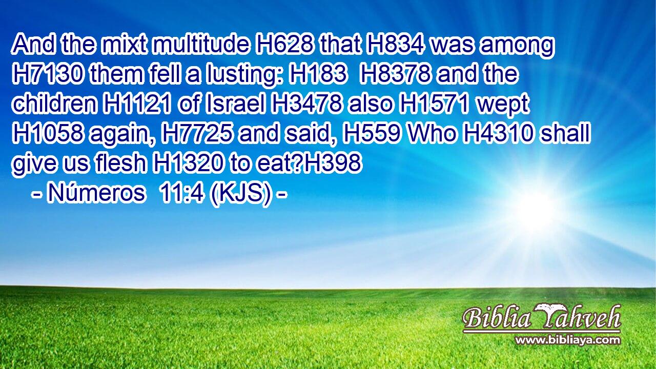 And the mixt multitude H628 that H834 was among H7130 them fell a lusting: H183  H8378 and the children H1121 of Israel H3478 also H1571 wept H1058 again, H7725 and said, H559 Who H4310 shall give us flesh H1320 to eat?H398