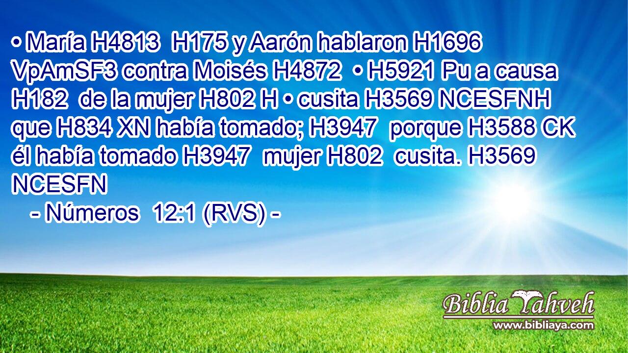 • María H4813  H175 y Aarón hablaron H1696 VpAmSF3 contra Moisés H4872  • H5921 Pu a causa H182  de la mujer H802 H • cusita H3569 NCESFNH que H834 XN había tomado; H3947  porque H3588 CK él había tomado H3947  mujer H802  cusita. H3569 NCESFN 