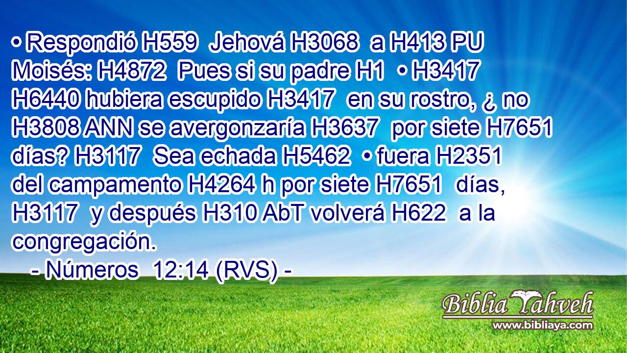 • Respondió H559  Jehová H3068  a H413 PU Moisés: H4872  Pues si su padre H1  • H3417  H6440 hubiera escupido H3417  en su rostro, ¿ no H3808 ANN se avergonzaría H3637  por siete H7651  días? H3117  Sea echada H5462  • fuera H2351  del campamento H4264 h por siete H7651  días, H3117  y después H310 AbT volverá H622  a la congregación. 
