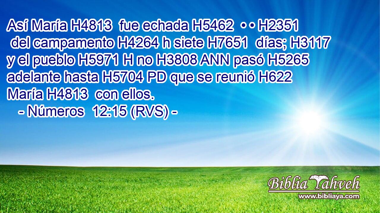 Así María H4813  fue echada H5462  • • H2351  del campamento H4264 h siete H7651  días; H3117  y el pueblo H5971 H no H3808 ANN pasó H5265  adelante hasta H5704 PD que se reunió H622  María H4813  con ellos. 