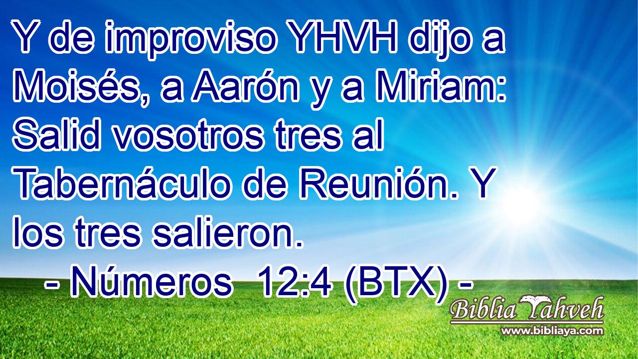 Y de improviso YHVH dijo a Moisés, a Aarón y a Miriam: Salid vosotros tres al Tabernáculo de Reunión. Y los tres salieron.