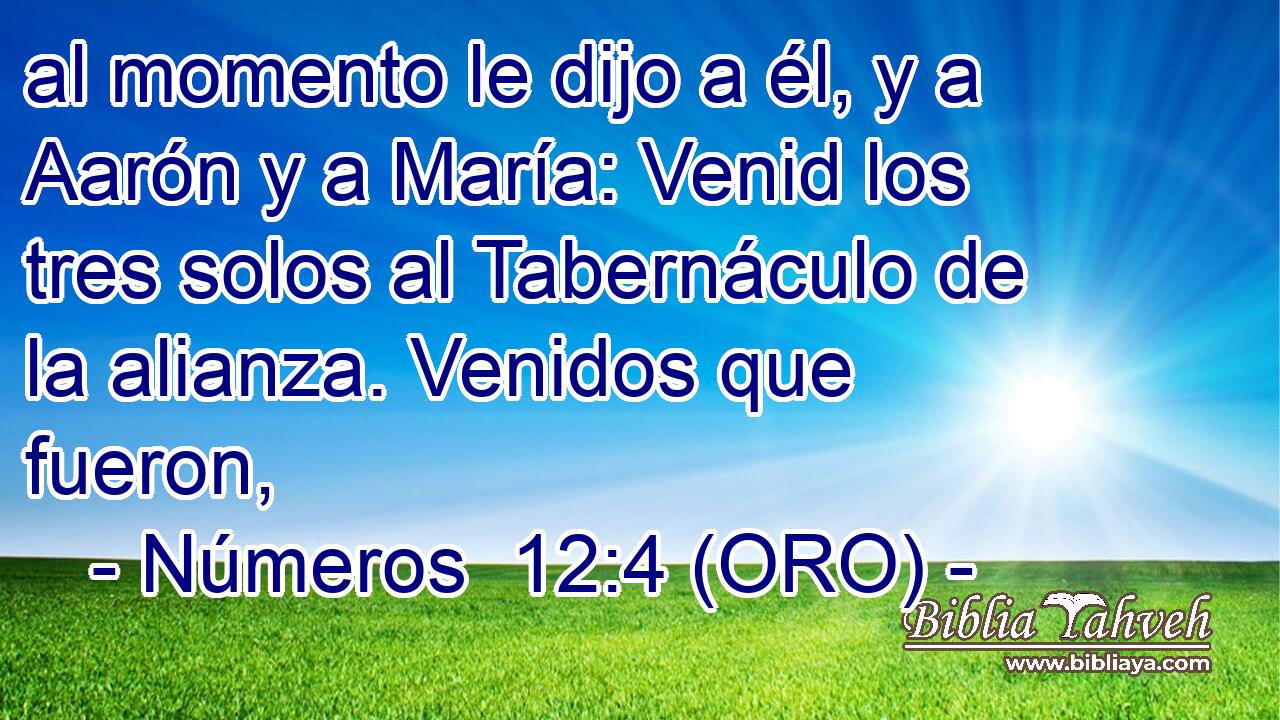  al momento le dijo a él, y a Aarón y a María: Venid los tres solos al Tabernáculo de la alianza. Venidos que fueron, 