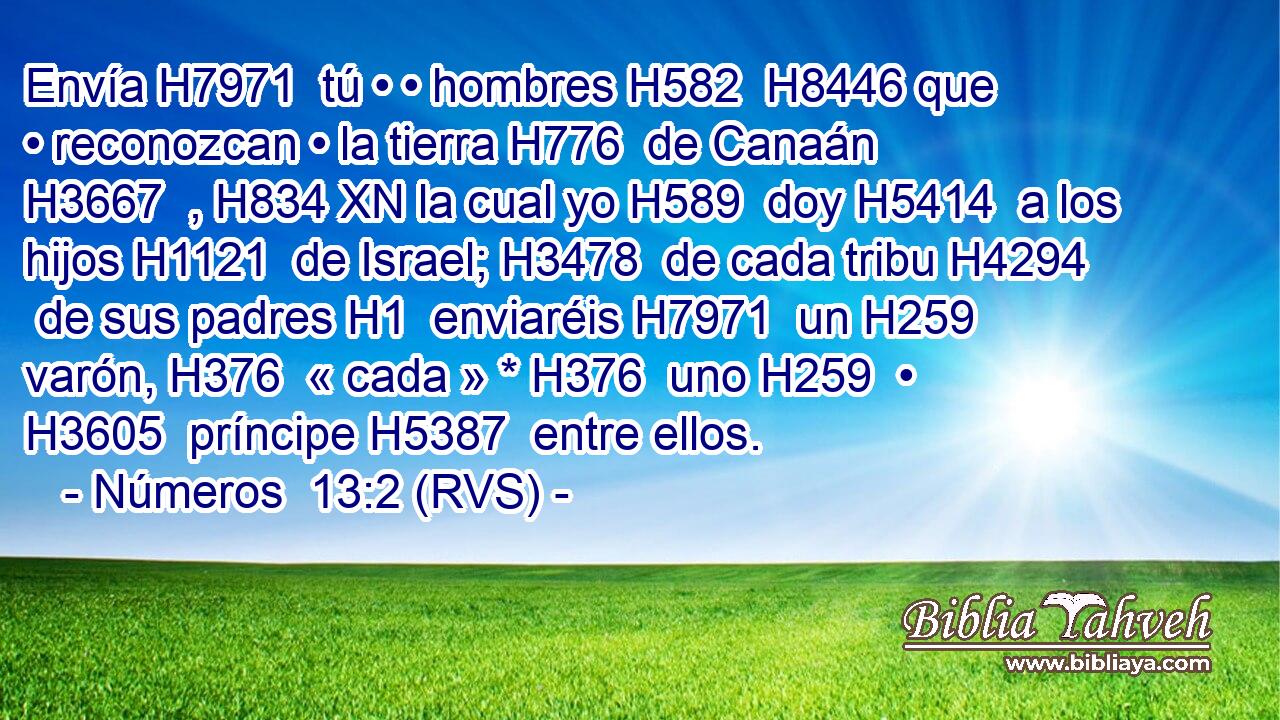 Envía H7971  tú • • hombres H582  H8446 que • reconozcan • la tierra H776  de Canaán H3667  , H834 XN la cual yo H589  doy H5414  a los hijos H1121  de Israel; H3478  de cada tribu H4294  de sus padres H1  enviaréis H7971  un H259  varón, H376  « cada » * H376  uno H259  • H3605  príncipe H5387  entre ellos. 