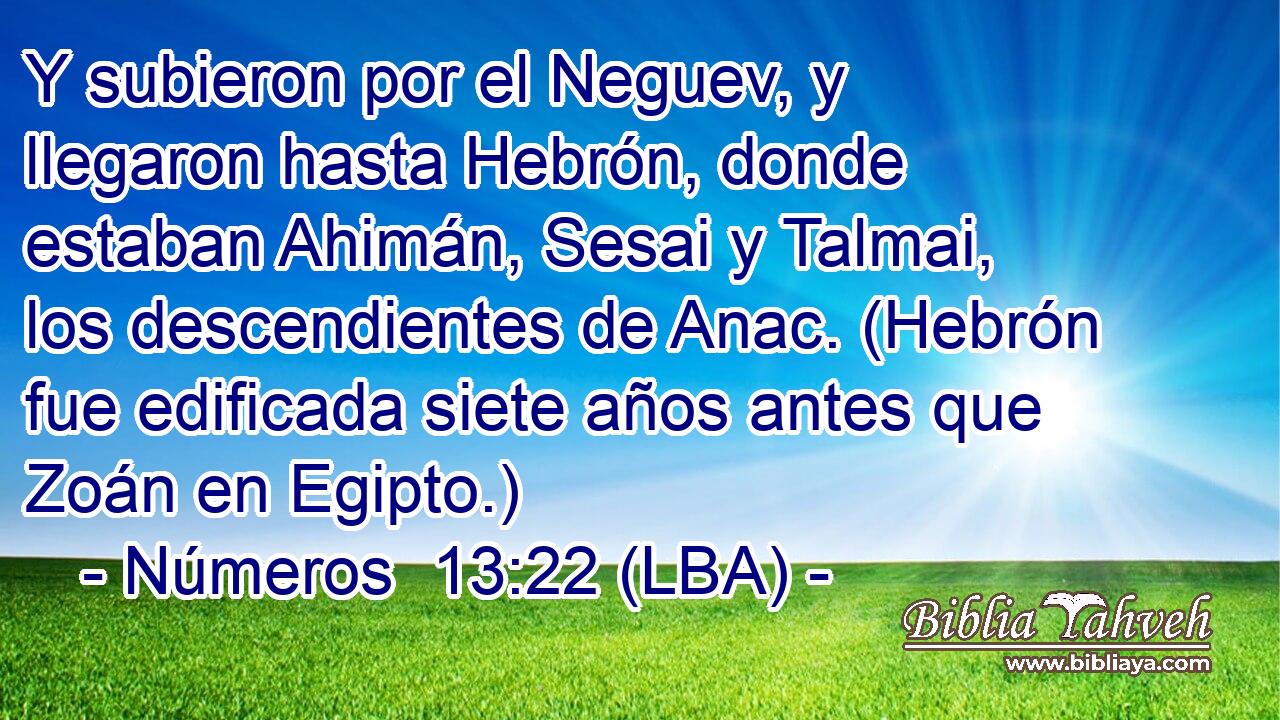Y subieron por el Neguev, y llegaron hasta Hebrón, donde estaban Ahimán, Sesai y Talmai, los descendientes de Anac. (Hebrón fue edificada siete años antes que Zoán en Egipto.)