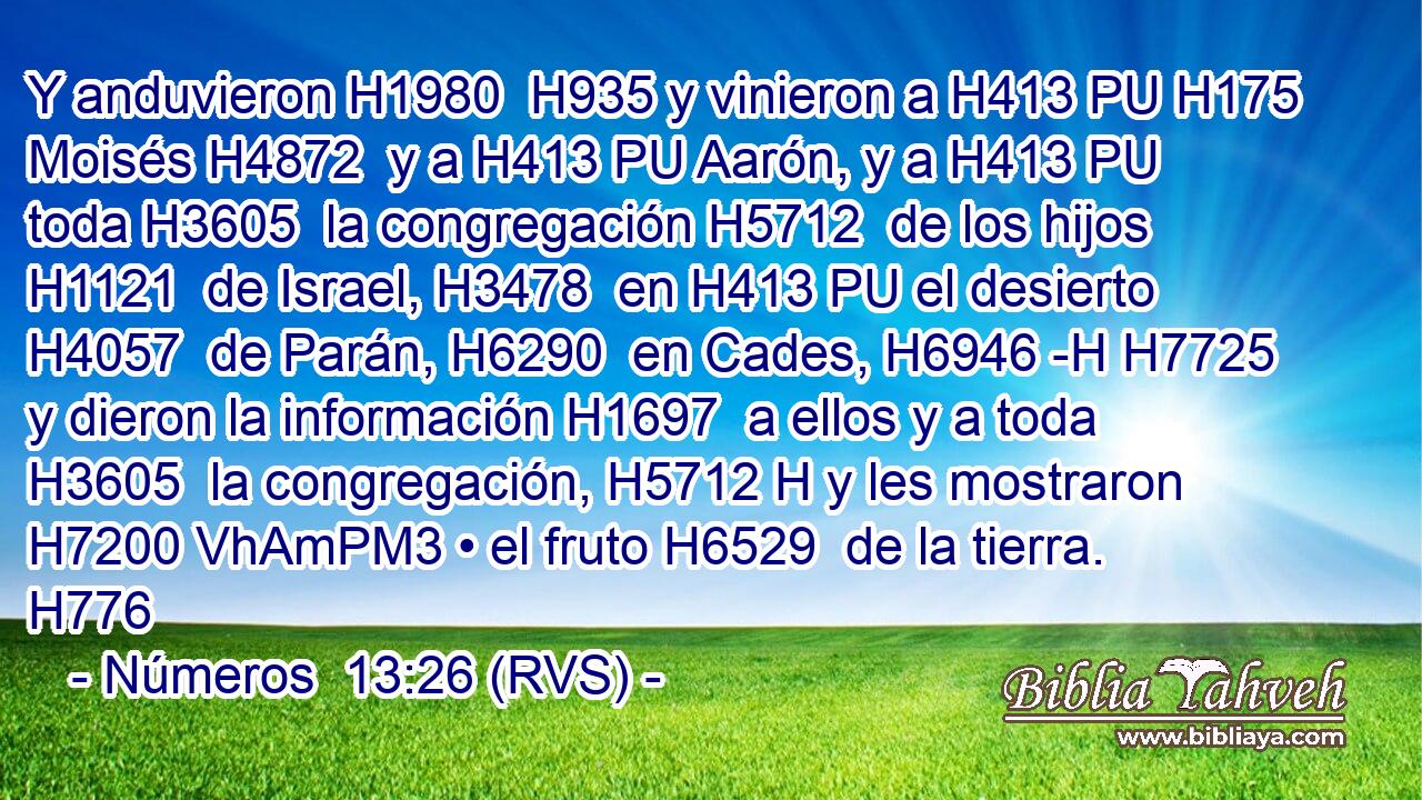Y anduvieron H1980  H935 y vinieron a H413 PU H175 Moisés H4872  y a H413 PU Aarón, y a H413 PU toda H3605  la congregación H5712  de los hijos H1121  de Israel, H3478  en H413 PU el desierto H4057  de Parán, H6290  en Cades, H6946 -H H7725 y dieron la información H1697  a ellos y a toda H3605  la congregación, H5712 H y les mostraron H7200 VhAmPM3 • el fruto H6529  de la tierra. H776 