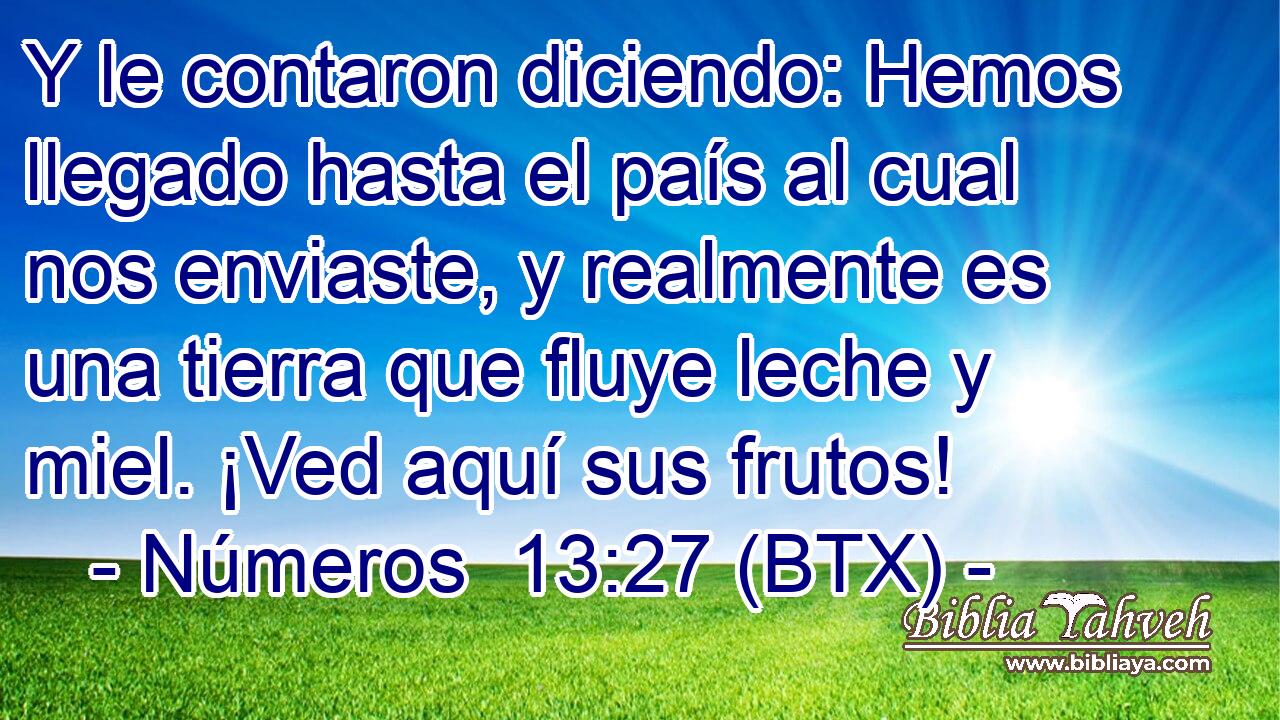 Y le contaron diciendo: Hemos llegado hasta el país al cual nos enviaste, y realmente es una tierra que fluye leche y miel. ¡Ved aquí sus frutos!