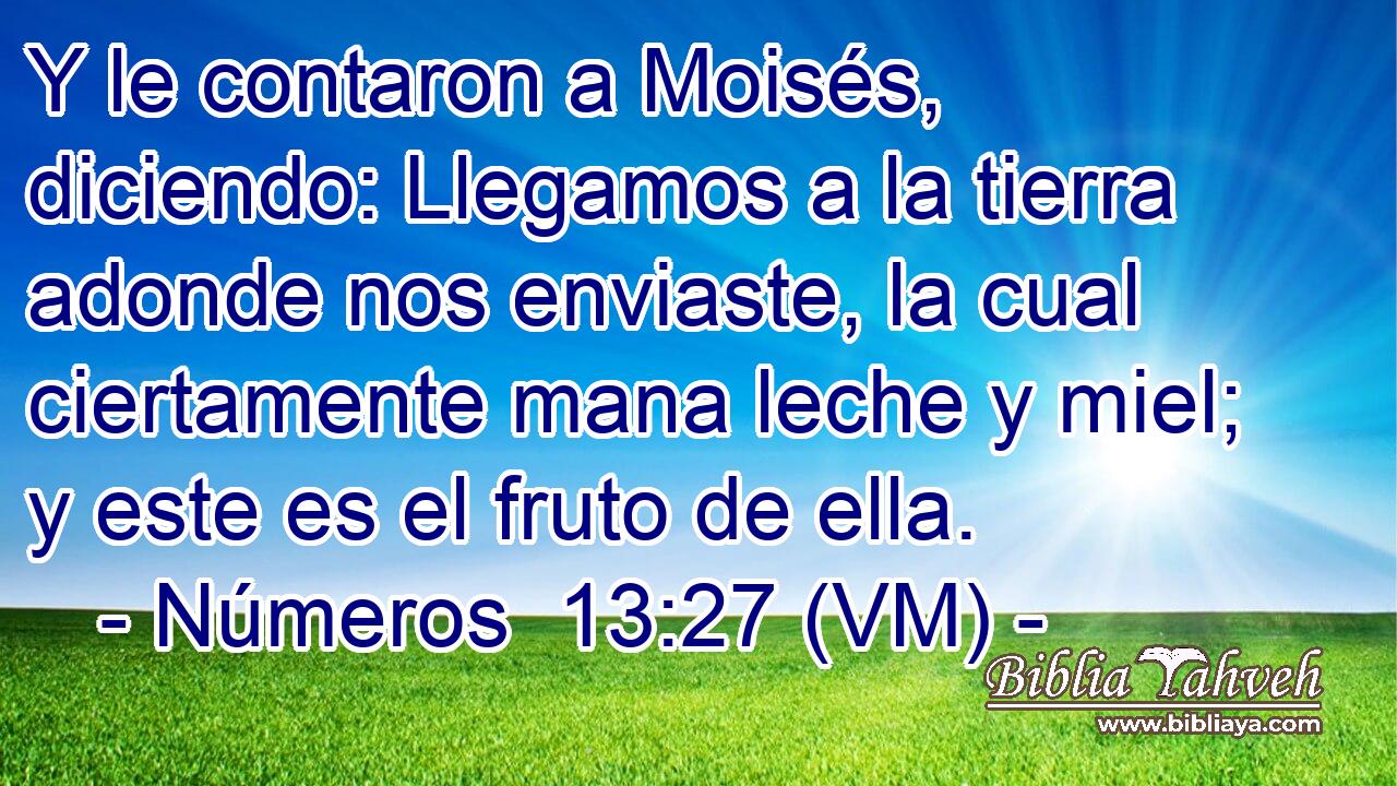  Y le contaron a Moisés, diciendo: Llegamos a la tierra adonde nos enviaste, la cual ciertamente mana leche y miel; y este es el fruto de ella. 