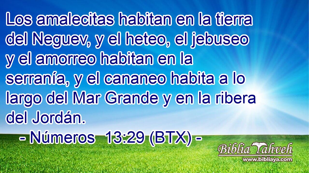 Los amalecitas habitan en la tierra del Neguev, y el heteo, el jebuseo y el amorreo habitan en la serranía, y el cananeo habita a lo largo del Mar Grande y en la ribera del Jordán.