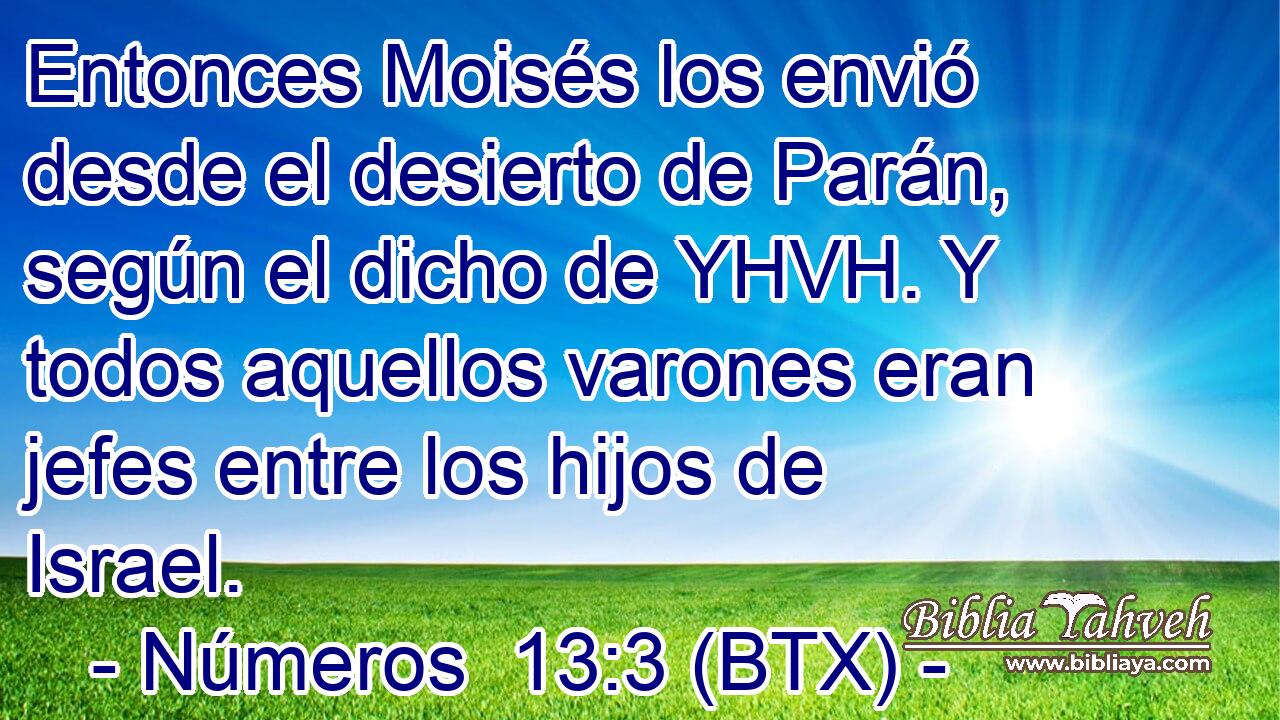 Entonces Moisés los envió desde el desierto de Parán, según el dicho de YHVH. Y todos aquellos varones eran jefes entre los hijos de Israel.