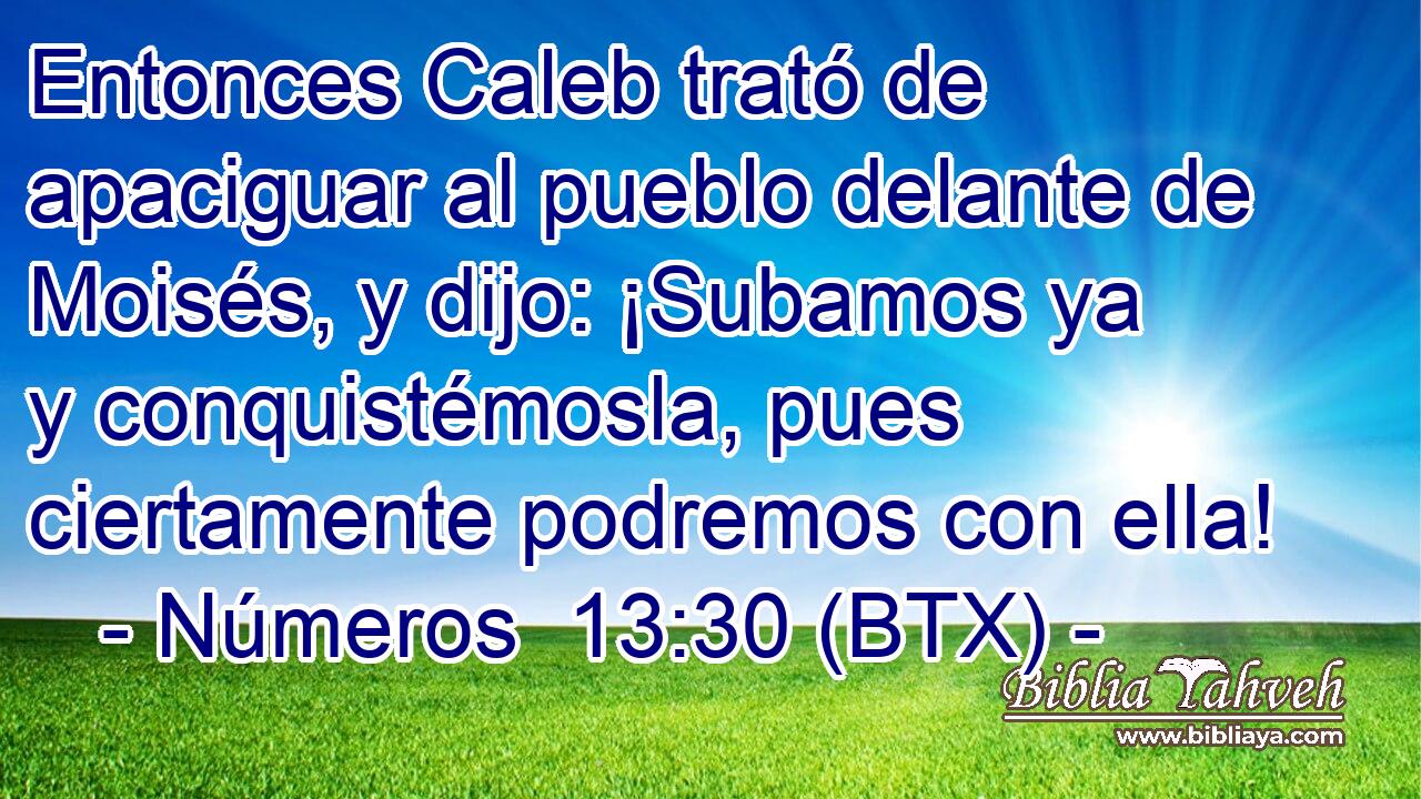 Entonces Caleb trató de apaciguar al pueblo delante de Moisés, y dijo: ¡Subamos ya y conquistémosla, pues ciertamente podremos con ella!