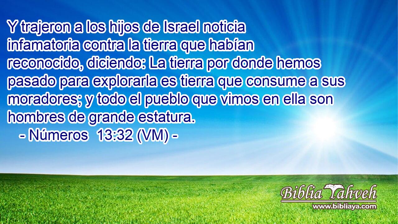  Y trajeron a los hijos de Israel noticia infamatoria contra la tierra que habían reconocido, diciendo: La tierra por donde hemos pasado para explorarla es tierra que consume a sus moradores; y todo el pueblo que vimos en ella son hombres de grande estatura. 