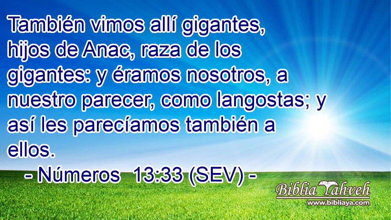 También vimos allí gigantes, hijos de Anac, raza de los gigantes: y éramos nosotros, a nuestro parecer, como langostas; y así les parecíamos también a ellos.