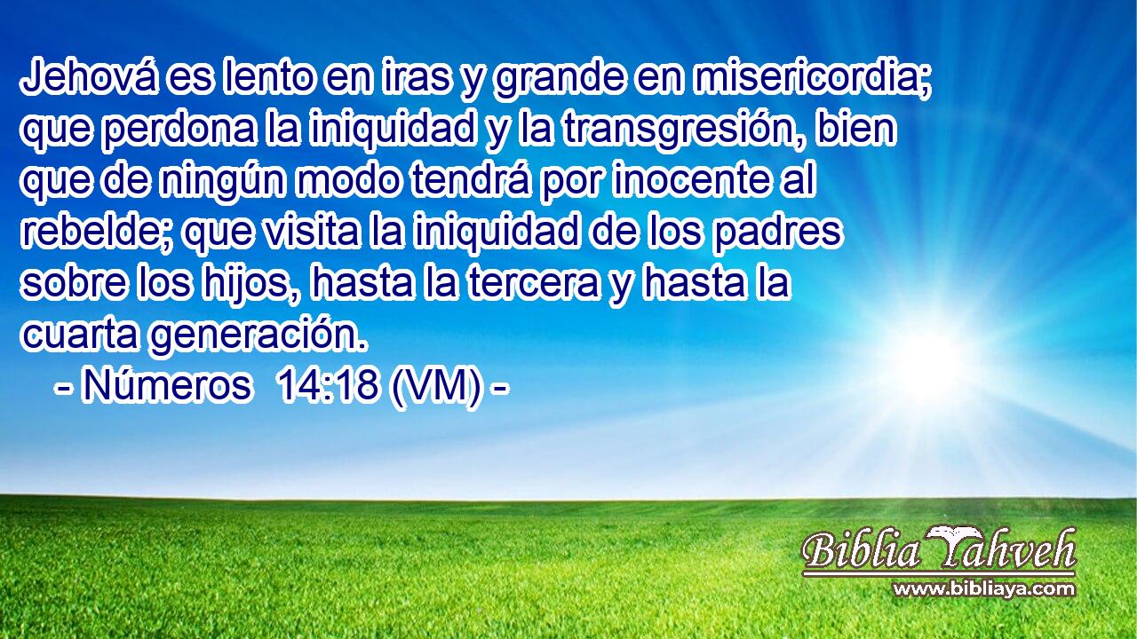 Jehová es lento en iras y grande en misericordia; que perdona la iniquidad y la transgresión, bien que de ningún modo tendrá por inocente al rebelde; que visita la iniquidad de los padres sobre los hijos, hasta la tercera y hasta la cuarta generación. 