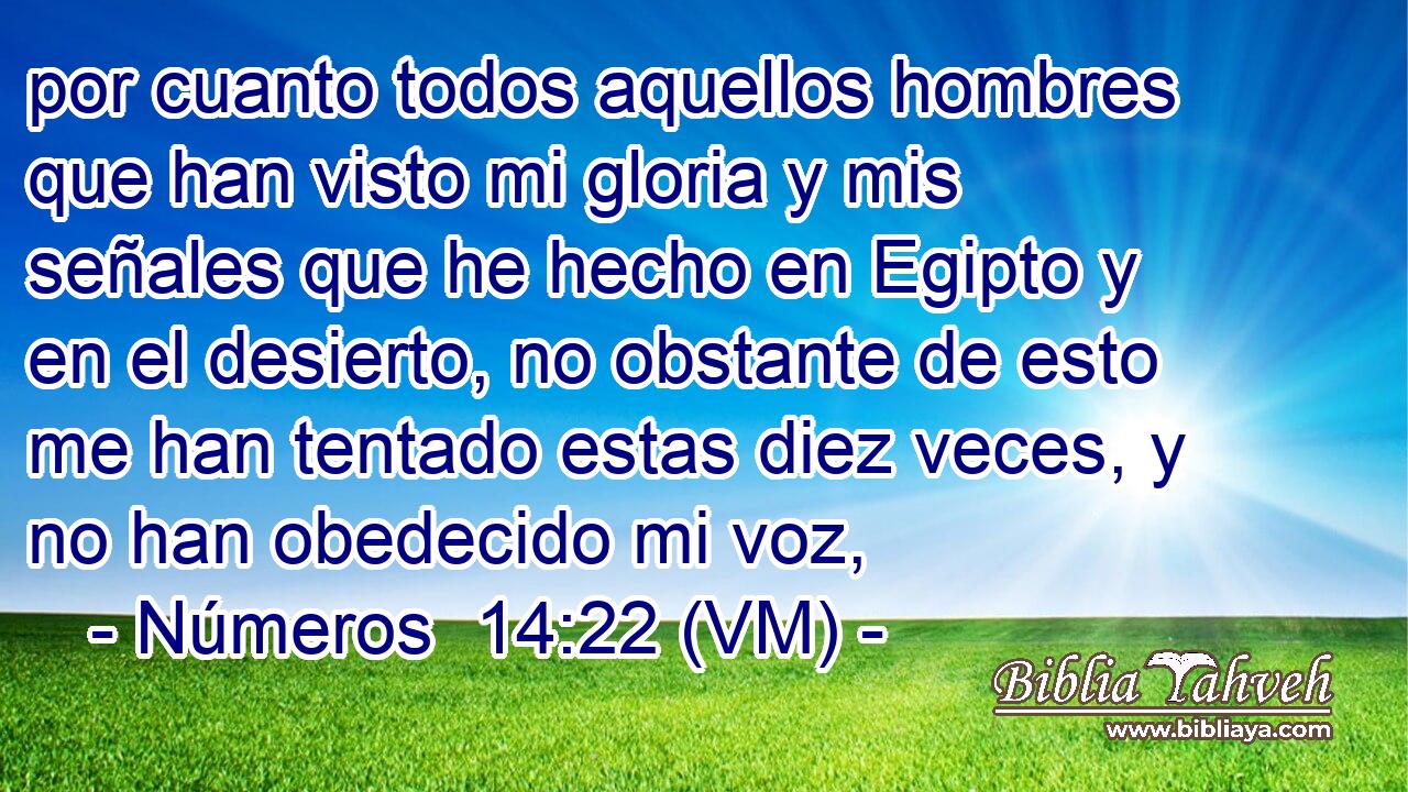  por cuanto todos aquellos hombres que han visto mi gloria y mis señales que he hecho en Egipto y en el desierto, no obstante de esto me han tentado estas diez veces, y no han obedecido mi voz, 