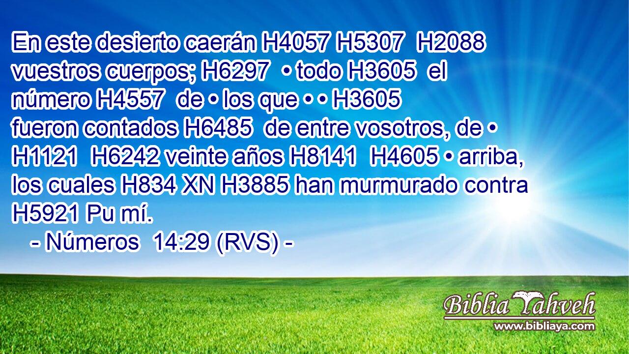 En este desierto caerán H4057 H5307  H2088 vuestros cuerpos; H6297  • todo H3605  el número H4557  de • los que • • H3605  fueron contados H6485  de entre vosotros, de • H1121  H6242 veinte años H8141  H4605 • arriba, los cuales H834 XN H3885 han murmurado contra H5921 Pu mí. 
