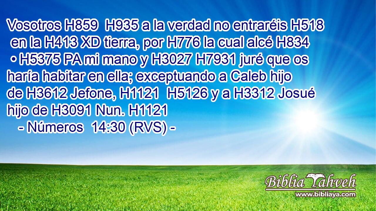Vosotros H859  H935 a la verdad no entraréis H518  en la H413 XD tierra, por H776 la cual alcé H834  • H5375 PA mi mano y H3027 H7931 juré que os haría habitar en ella; exceptuando a Caleb hijo de H3612 Jefone, H1121  H5126 y a H3312 Josué hijo de H3091 Nun. H1121  