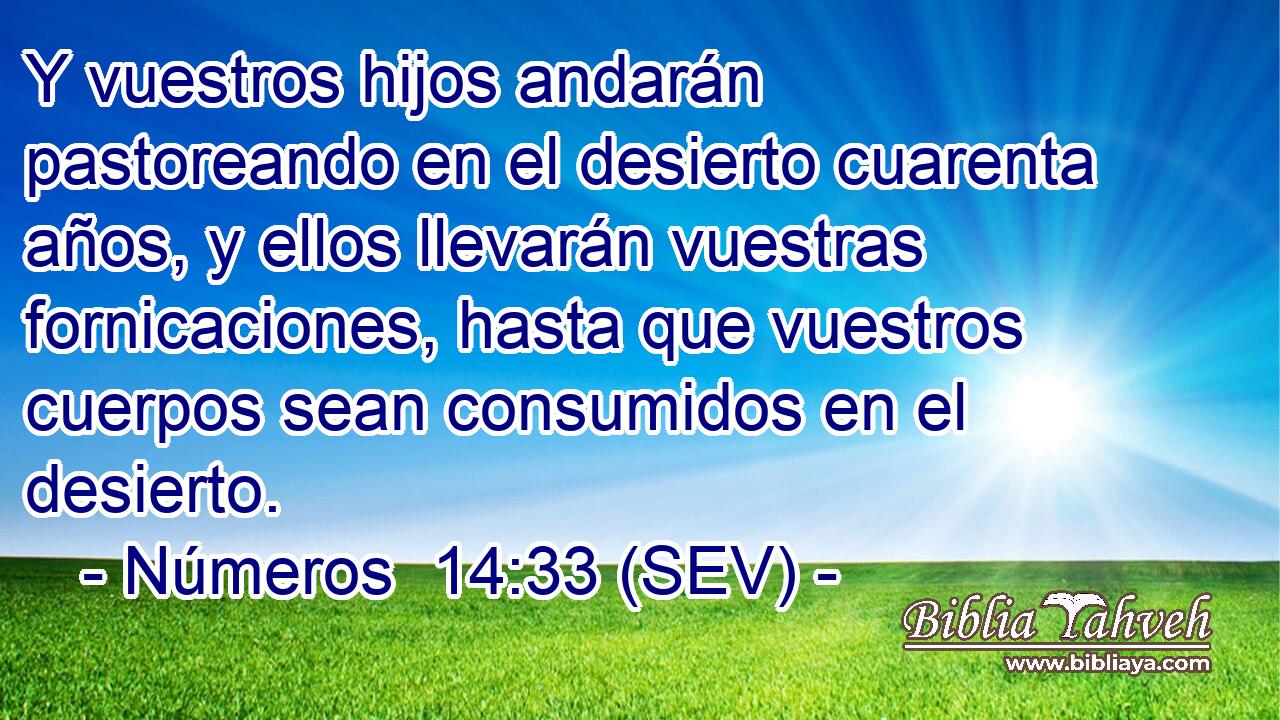 Y vuestros hijos andarán pastoreando en el desierto cuarenta años, y ellos llevarán vuestras fornicaciones, hasta que vuestros cuerpos sean consumidos en el desierto.