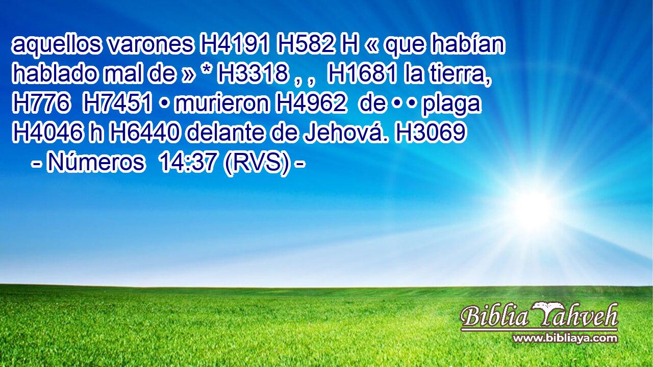 aquellos varones H4191 H582 H « que habían hablado mal de » * H3318 , ,  H1681 la tierra, H776  H7451 • murieron H4962  de • • plaga H4046 h H6440 delante de Jehová. H3069  