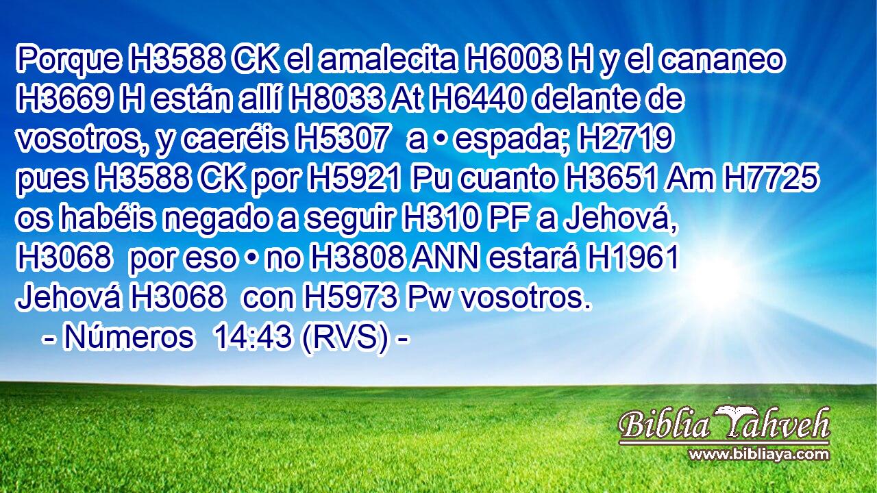 Porque H3588 CK el amalecita H6003 H y el cananeo H3669 H están allí H8033 At H6440 delante de vosotros, y caeréis H5307  a • espada; H2719  pues H3588 CK por H5921 Pu cuanto H3651 Am H7725 os habéis negado a seguir H310 PF a Jehová, H3068  por eso • no H3808 ANN estará H1961  Jehová H3068  con H5973 Pw vosotros. 