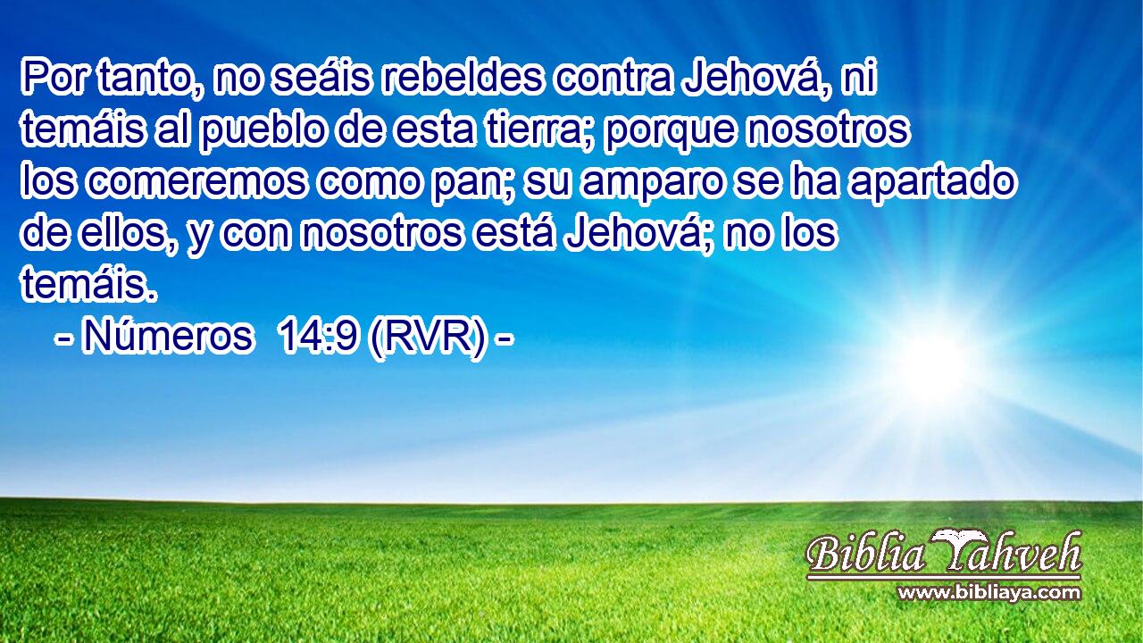 Por tanto, no seáis rebeldes contra Jehová, ni temáis al pueblo de esta tierra; porque nosotros los comeremos como pan; su amparo se ha apartado de ellos, y con nosotros está Jehová; no los temáis.
