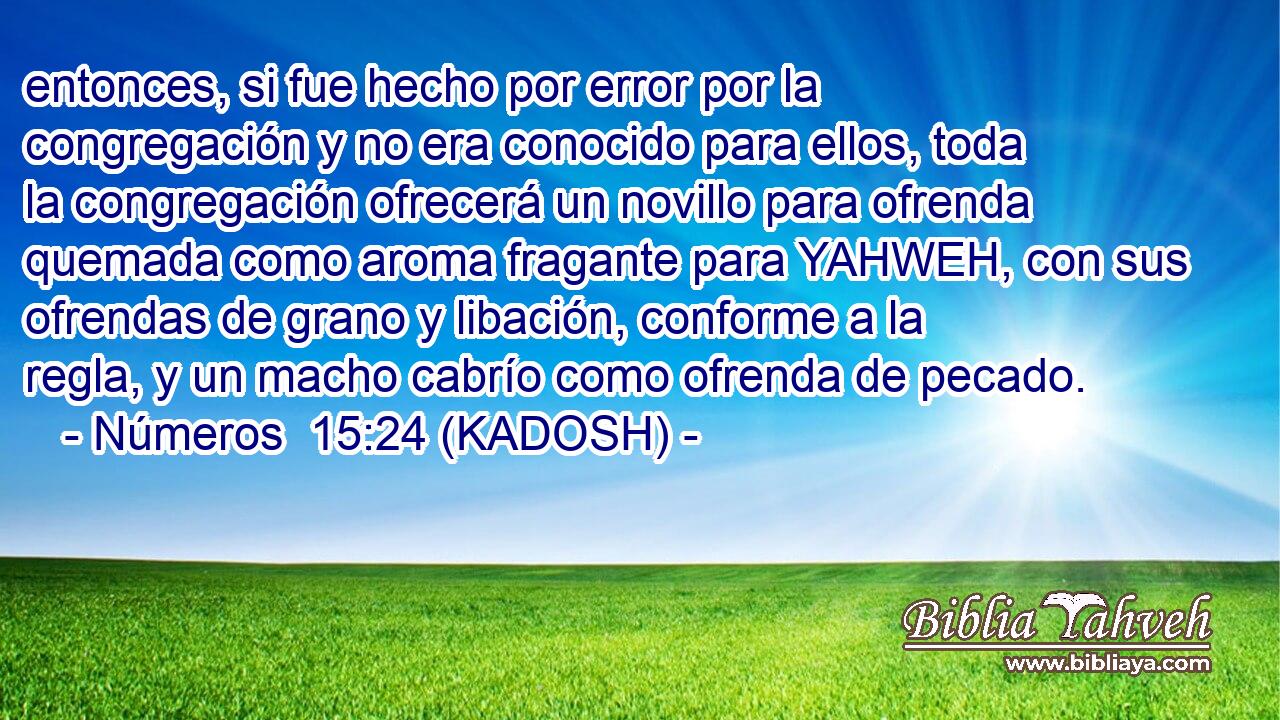  entonces, si fue hecho por error por la congregación y no era conocido para ellos, toda la congregación ofrecerá un novillo para ofrenda quemada como aroma fragante para YAHWEH, con sus ofrendas de grano y libación, conforme a la regla, y un macho cabrío como ofrenda de pecado. 