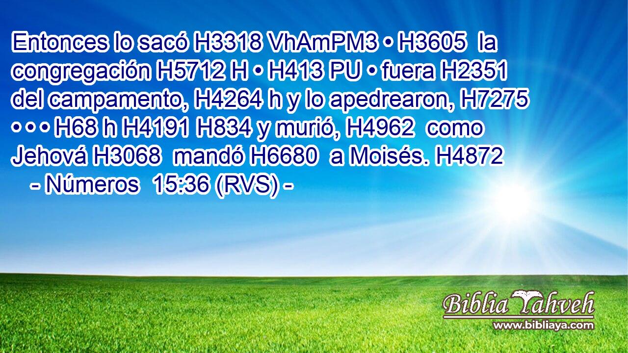 Entonces lo sacó H3318 VhAmPM3 • H3605  la congregación H5712 H • H413 PU • fuera H2351  del campamento, H4264 h y lo apedrearon, H7275  • • • H68 h H4191 H834 y murió, H4962  como Jehová H3068  mandó H6680  a Moisés. H4872  