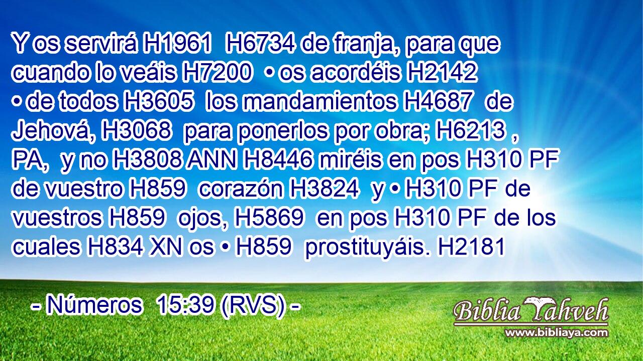 Y os servirá H1961  H6734 de franja, para que cuando lo veáis H7200  • os acordéis H2142  • de todos H3605  los mandamientos H4687  de Jehová, H3068  para ponerlos por obra; H6213 , PA,  y no H3808 ANN H8446 miréis en pos H310 PF de vuestro H859  corazón H3824  y • H310 PF de vuestros H859  ojos, H5869  en pos H310 PF de los cuales H834 XN os • H859  prostituyáis. H2181  