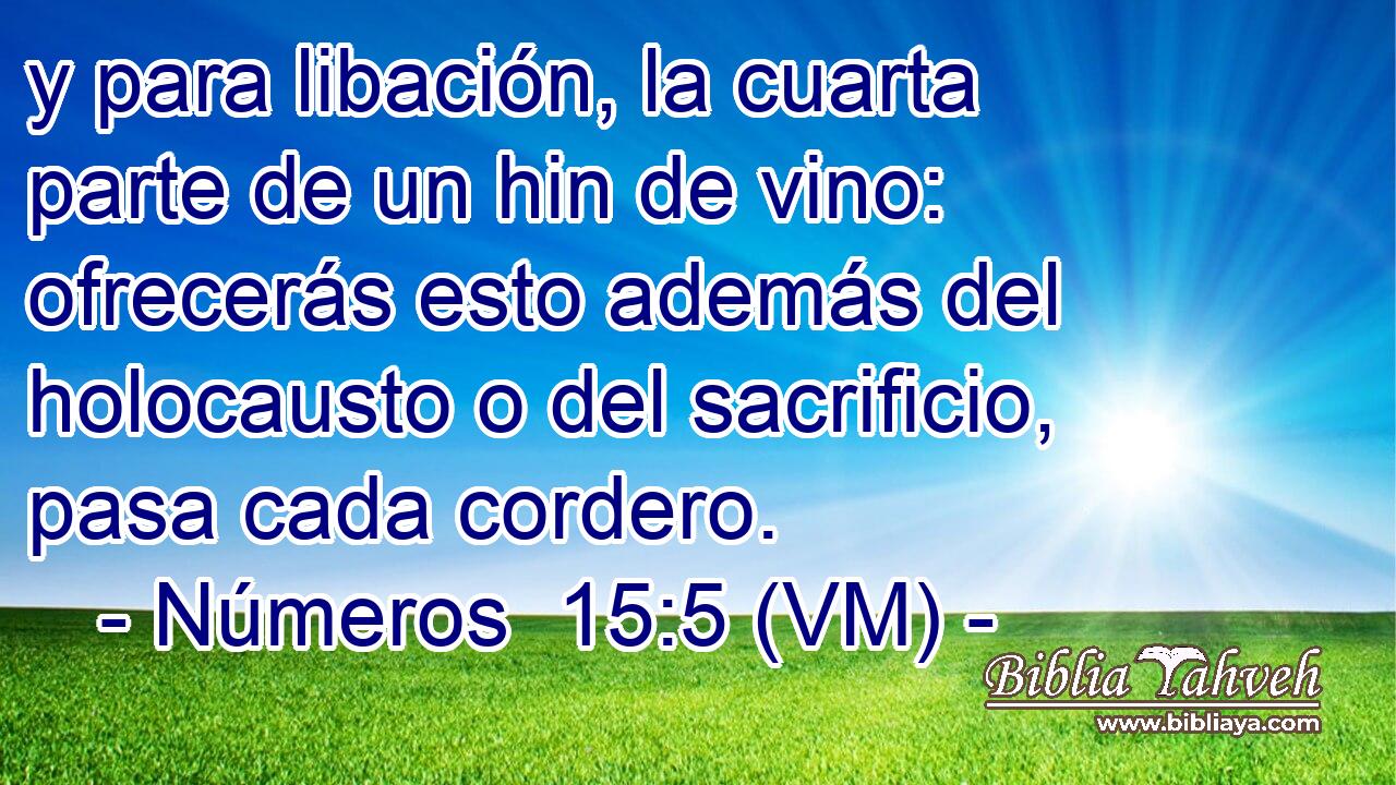  y para libación, la cuarta parte de un hin de vino: ofrecerás esto además del holocausto o del sacrificio, pasa cada cordero. 