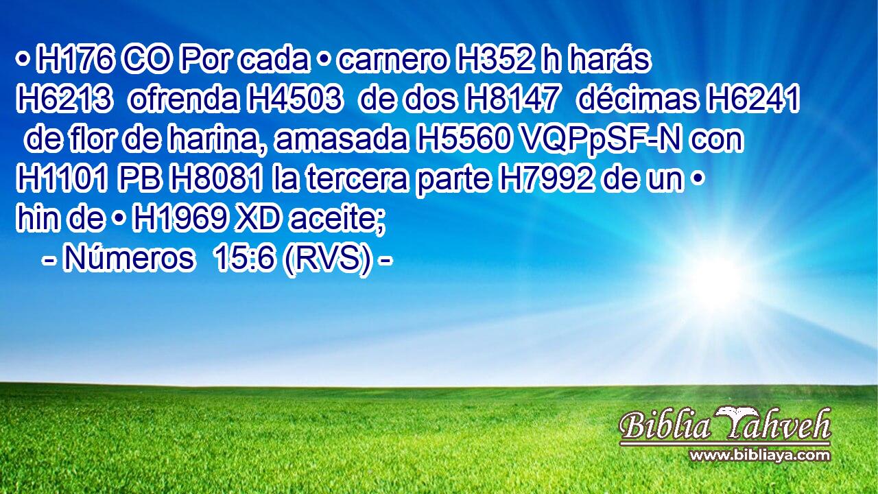 • H176 CO Por cada • carnero H352 h harás H6213  ofrenda H4503  de dos H8147  décimas H6241  de flor de harina, amasada H5560 VQPpSF-N con H1101 PB H8081 la tercera parte H7992 de un • hin de • H1969 XD aceite; 
