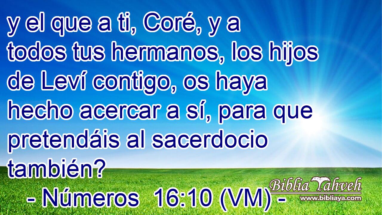  y el que a ti, Coré, y a todos tus hermanos, los hijos de Leví contigo, os haya hecho acercar a sí, para que pretendáis al sacerdocio también? 