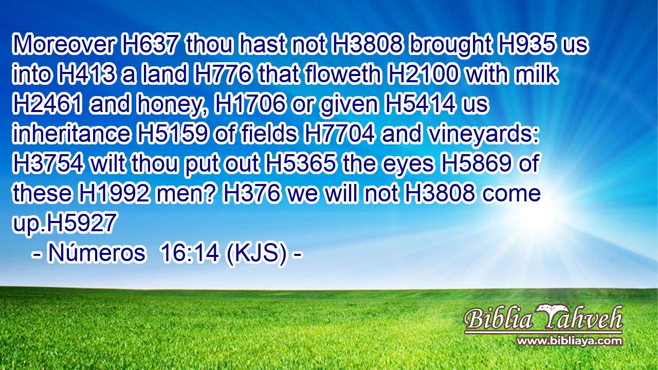 Moreover H637 thou hast not H3808 brought H935 us into H413 a land H776 that floweth H2100 with milk H2461 and honey, H1706 or given H5414 us inheritance H5159 of fields H7704 and vineyards: H3754 wilt thou put out H5365 the eyes H5869 of these H1992 men? H376 we will not H3808 come up.H5927