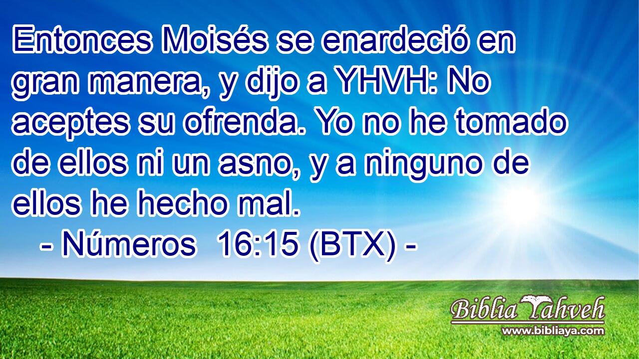 Entonces Moisés se enardeció en gran manera, y dijo a YHVH: No aceptes su ofrenda. Yo no he tomado de ellos ni un asno, y a ninguno de ellos he hecho mal.