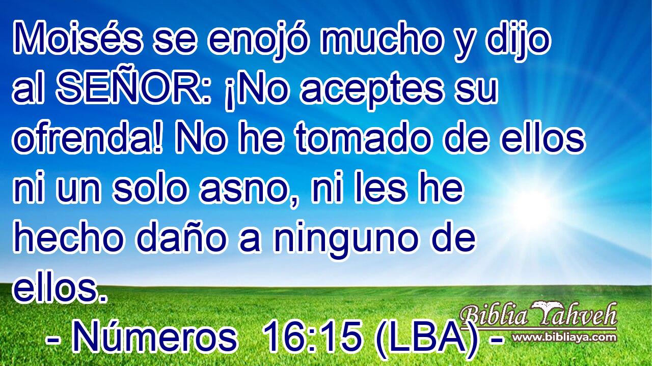 Moisés se enojó mucho y dijo al SEÑOR: ¡No aceptes su ofrenda! No he tomado de ellos ni un solo asno, ni les he hecho daño a ninguno de ellos.