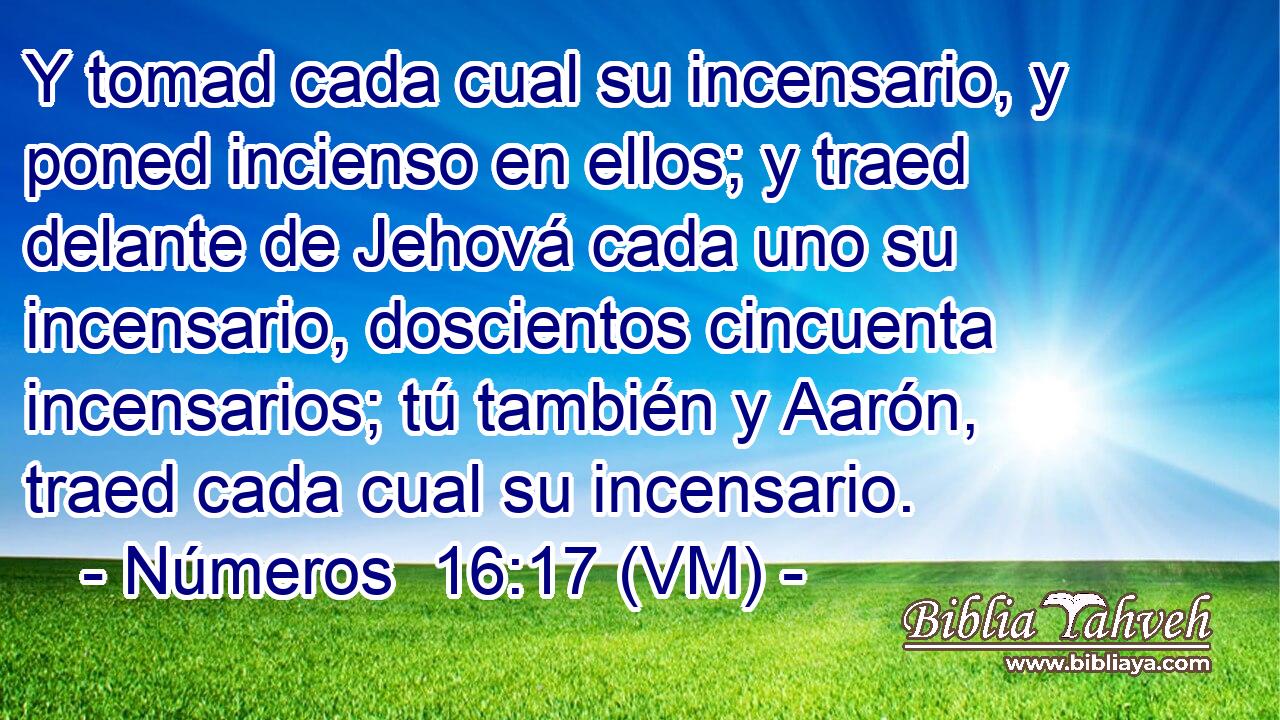  Y tomad cada cual su incensario, y poned incienso en ellos; y traed delante de Jehová cada uno su incensario, doscientos cincuenta incensarios; tú también y Aarón, traed cada cual su incensario. 