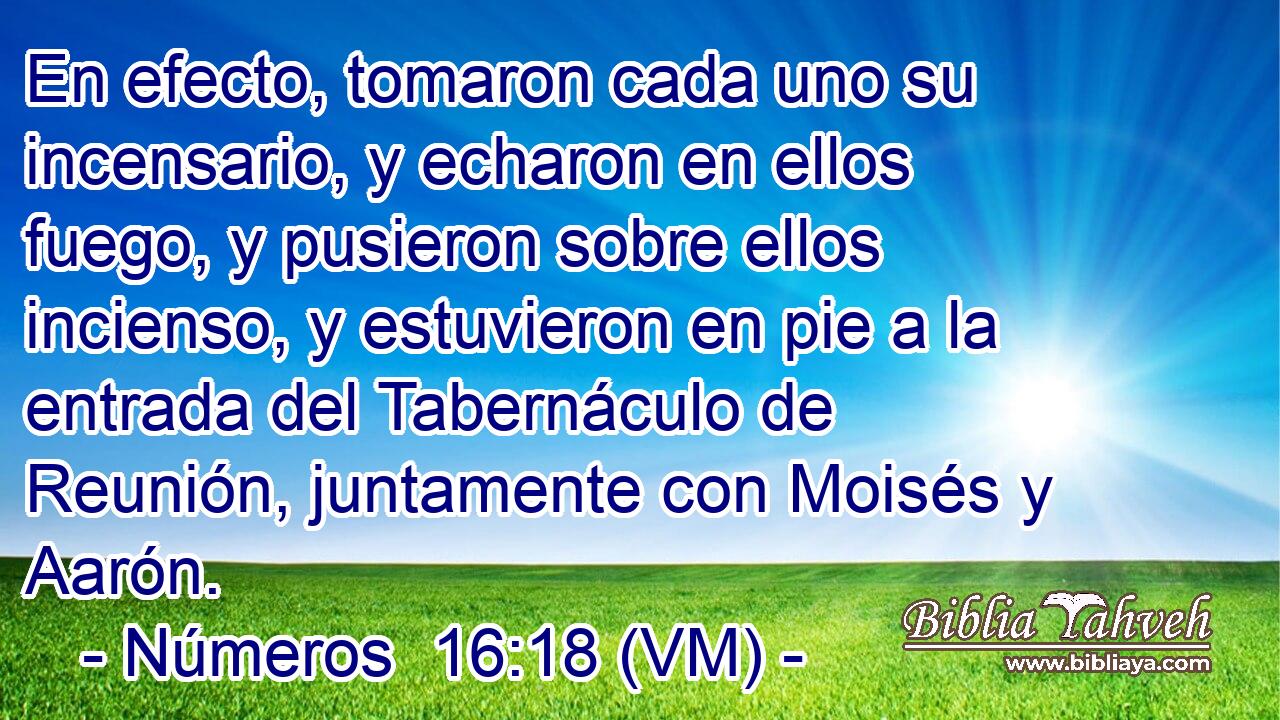  En efecto, tomaron cada uno su incensario, y echaron en ellos fuego, y pusieron sobre ellos incienso, y estuvieron en pie a la entrada del Tabernáculo de Reunión, juntamente con Moisés y Aarón. 