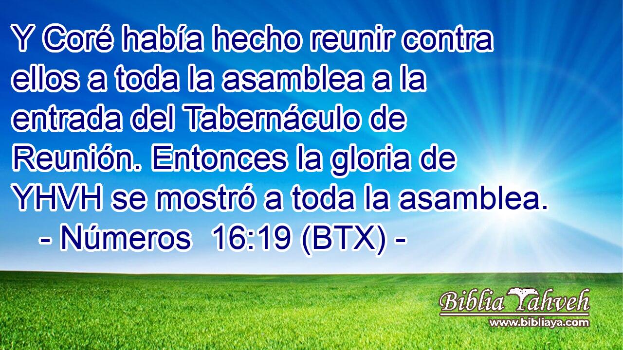 Y Coré había hecho reunir contra ellos a toda la asamblea a la entrada del Tabernáculo de Reunión. Entonces la gloria de YHVH se mostró a toda la asamblea.