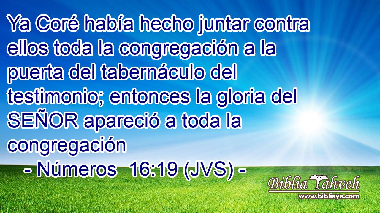Ya Coré había hecho juntar contra ellos toda la congregación a la puerta del tabernáculo del testimonio; entonces la gloria del SEÑOR apareció a toda la congregación