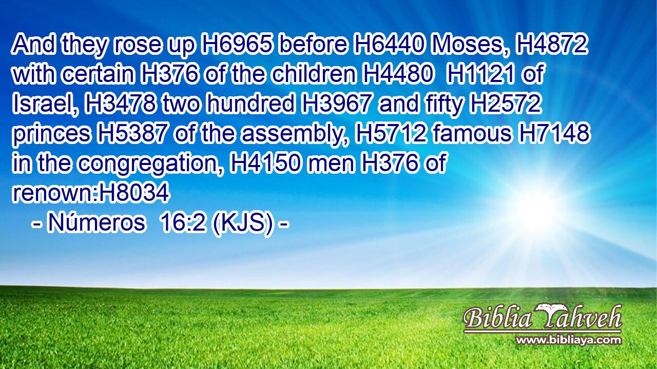 And they rose up H6965 before H6440 Moses, H4872 with certain H376 of the children H4480  H1121 of Israel, H3478 two hundred H3967 and fifty H2572 princes H5387 of the assembly, H5712 famous H7148 in the congregation, H4150 men H376 of renown:H8034