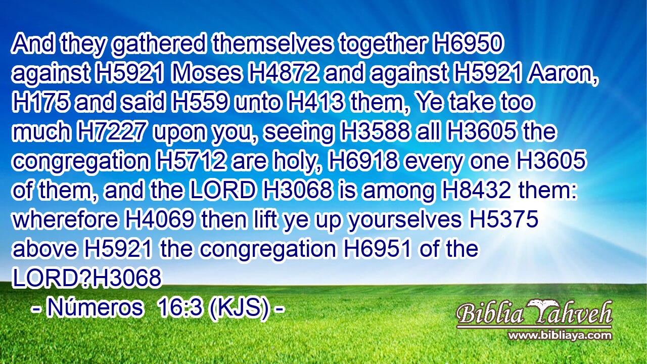 And they gathered themselves together H6950 against H5921 Moses H4872 and against H5921 Aaron, H175 and said H559 unto H413 them, Ye take too much H7227 upon you, seeing H3588 all H3605 the congregation H5712 are holy, H6918 every one H3605 of them, and the LORD H3068 is among H8432 them: wherefore H4069 then lift ye up yourselves H5375 above H5921 the congregation H6951 of the LORD?H3068
