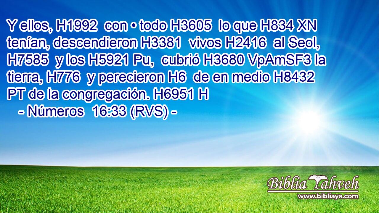 Y ellos, H1992  con • todo H3605  lo que H834 XN tenían, descendieron H3381  vivos H2416  al Seol, H7585  y los H5921 Pu,  cubrió H3680 VpAmSF3 la tierra, H776  y perecieron H6  de en medio H8432 PT de la congregación. H6951 H 