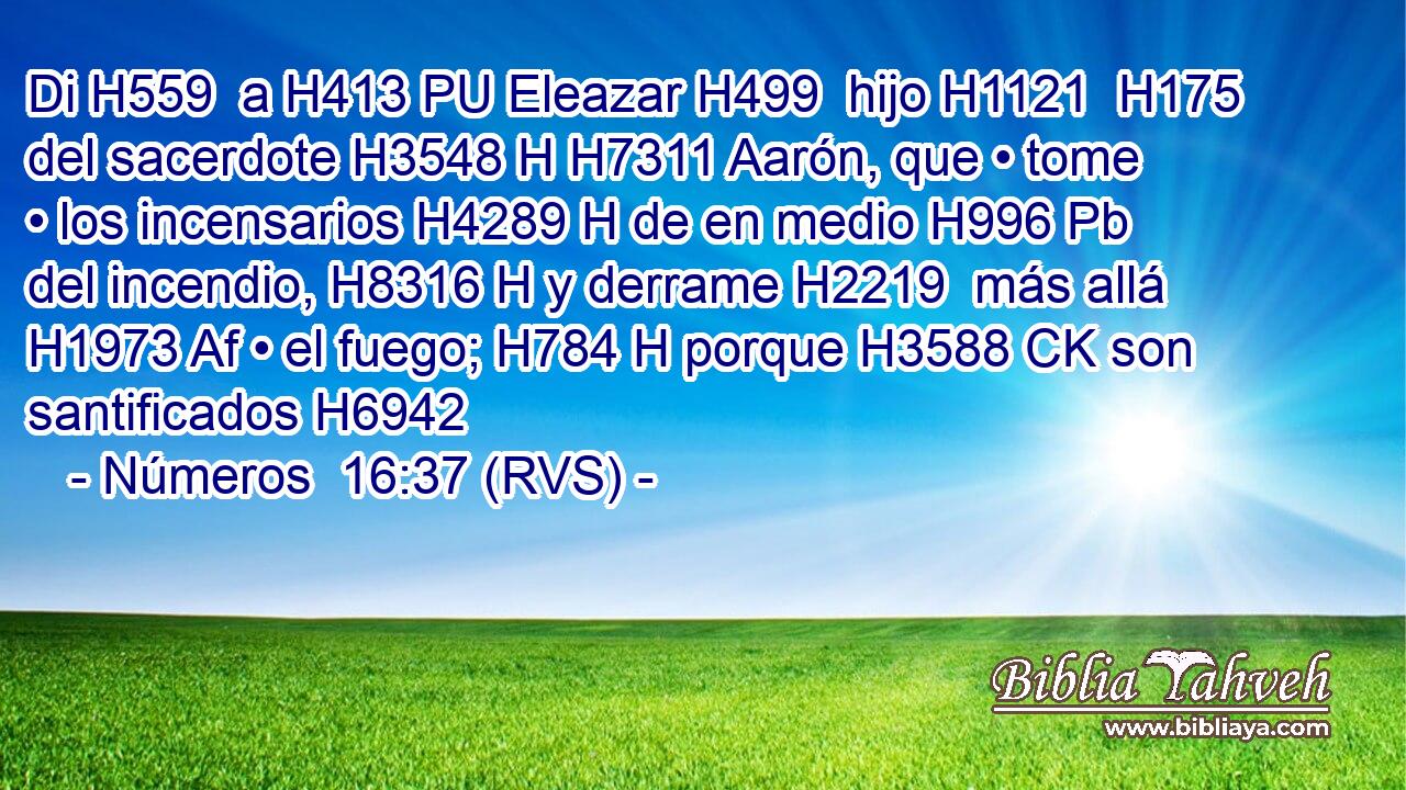 Di H559  a H413 PU Eleazar H499  hijo H1121  H175 del sacerdote H3548 H H7311 Aarón, que • tome • los incensarios H4289 H de en medio H996 Pb del incendio, H8316 H y derrame H2219  más allá H1973 Af • el fuego; H784 H porque H3588 CK son santificados H6942  