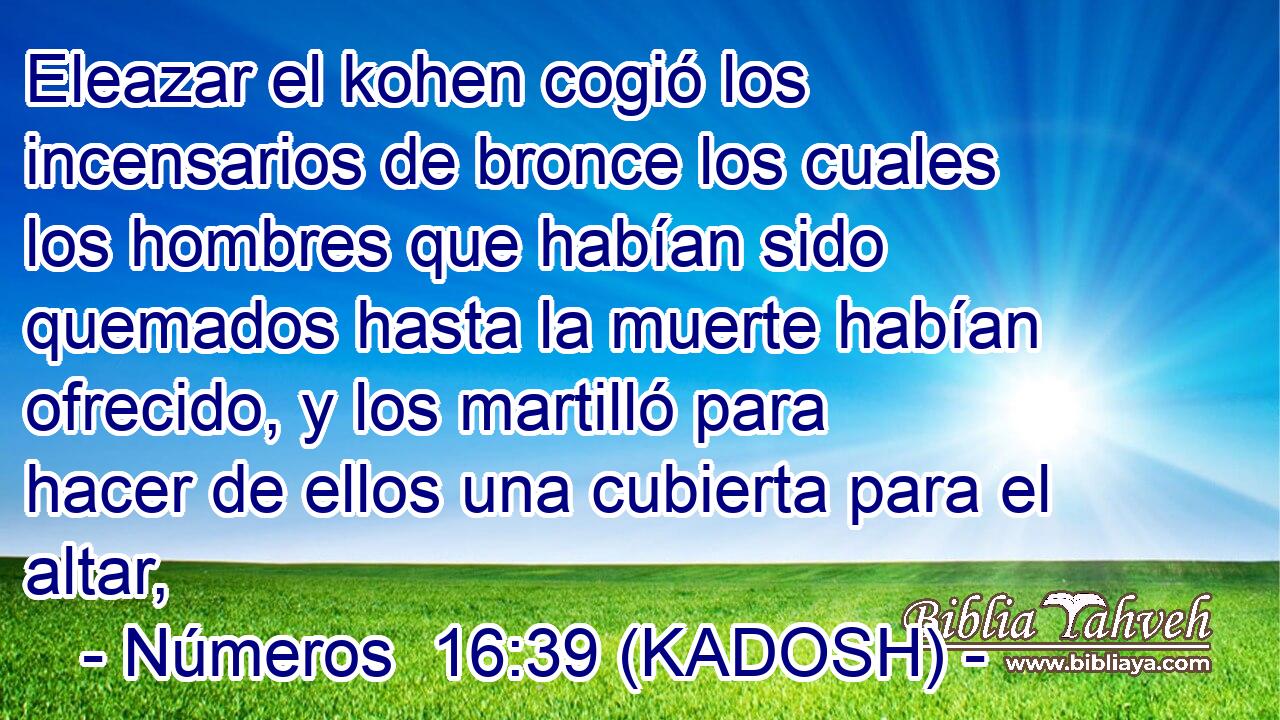  Eleazar el kohen cogió los incensarios de bronce los cuales los hombres que habían sido quemados hasta la muerte habían ofrecido, y los martilló para hacer de ellos una cubierta para el altar, 