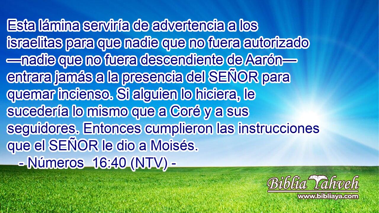 Esta lámina serviría de advertencia a los israelitas para que nadie que no fuera autorizado —nadie que no fuera descendiente de Aarón— entrara jamás a la presencia del SEÑOR para quemar incienso. Si alguien lo hiciera, le sucedería lo mismo que a Coré y a sus seguidores. Entonces cumplieron las instrucciones que el SEÑOR le dio a Moisés.