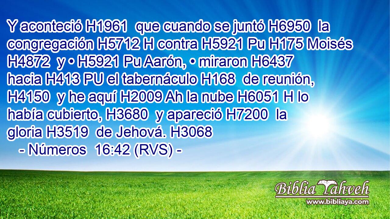 Y aconteció H1961  que cuando se juntó H6950  la congregación H5712 H contra H5921 Pu H175 Moisés H4872  y • H5921 Pu Aarón, • miraron H6437  hacia H413 PU el tabernáculo H168  de reunión, H4150  y he aquí H2009 Ah la nube H6051 H lo había cubierto, H3680  y apareció H7200  la gloria H3519  de Jehová. H3068  