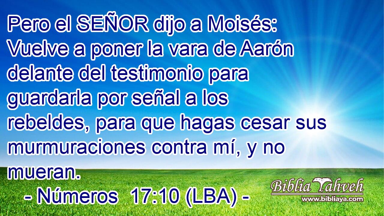 Pero el SEÑOR dijo a Moisés: Vuelve a poner la vara de Aarón delante del testimonio para guardarla por señal a los rebeldes, para que hagas cesar sus murmuraciones contra mí, y no mueran.