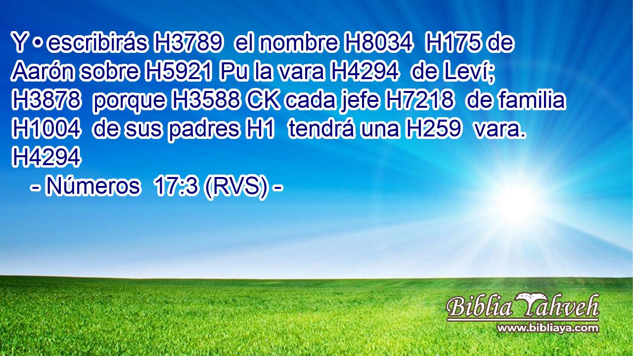 Y • escribirás H3789  el nombre H8034  H175 de Aarón sobre H5921 Pu la vara H4294  de Leví; H3878  porque H3588 CK cada jefe H7218  de familia H1004  de sus padres H1  tendrá una H259  vara. H4294  
