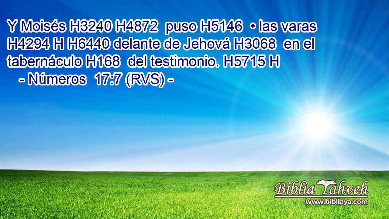 Y Moisés H3240 H4872  puso H5146  • las varas H4294 H H6440 delante de Jehová H3068  en el tabernáculo H168  del testimonio. H5715 H 