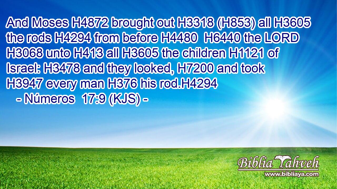 And Moses H4872 brought out H3318 (H853) all H3605 the rods H4294 from before H4480  H6440 the LORD H3068 unto H413 all H3605 the children H1121 of Israel: H3478 and they looked, H7200 and took H3947 every man H376 his rod.H4294