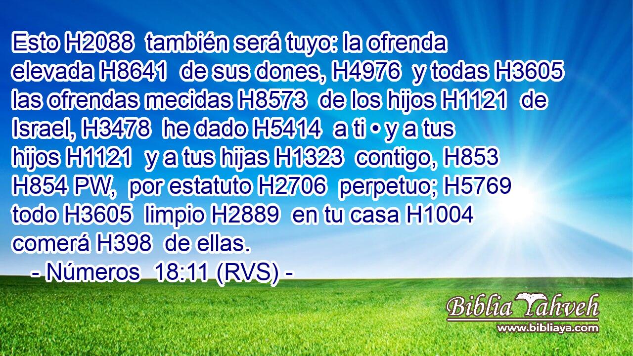 Esto H2088  también será tuyo: la ofrenda elevada H8641  de sus dones, H4976  y todas H3605  las ofrendas mecidas H8573  de los hijos H1121  de Israel, H3478  he dado H5414  a ti • y a tus hijos H1121  y a tus hijas H1323  contigo, H853 H854 PW,  por estatuto H2706  perpetuo; H5769  todo H3605  limpio H2889  en tu casa H1004  comerá H398  de ellas. 